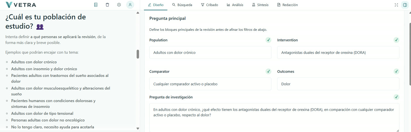 Pantalla de Population, Intervention, Comparator, Outcomes y pregunta de investigación
