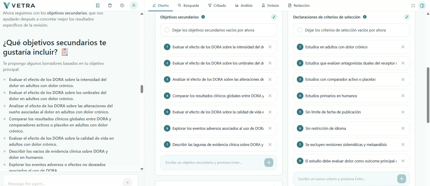 Objetivos secundarios y declaraciones de criterios de selección